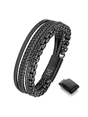 Mens Leather Bracelet Stainless Steel Bead Chain Magnetic Clasp Wristband